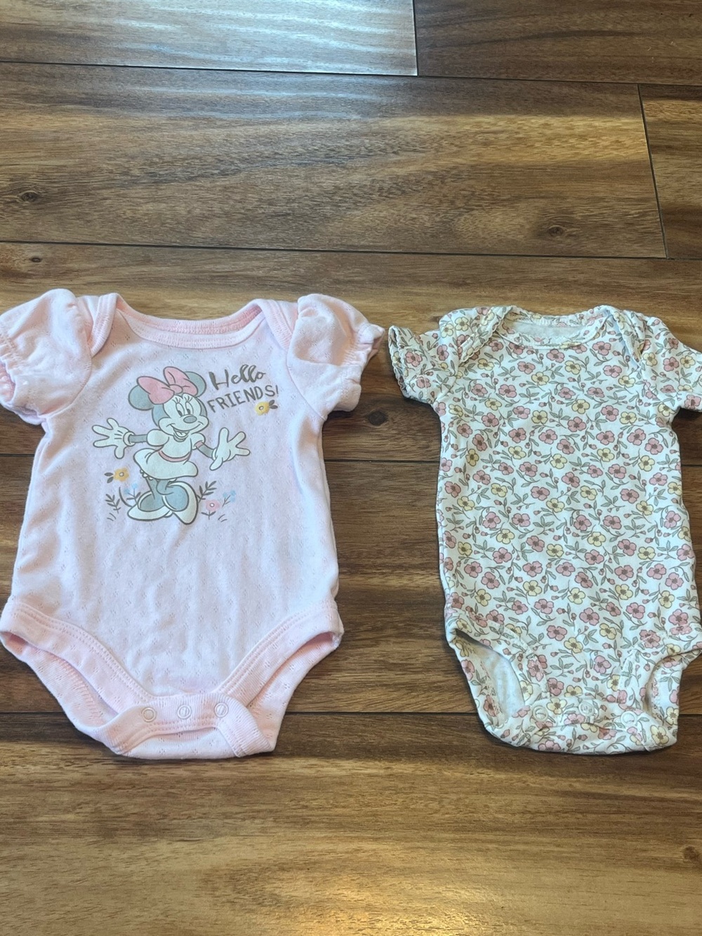Lot of 2 newborn short sleeve onesies, Disney & carters floral theme girly pink